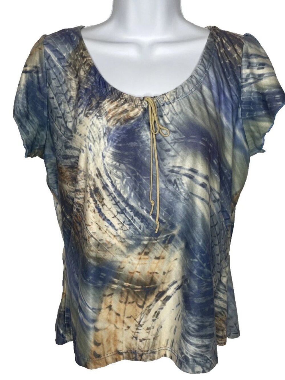 Vintage 90s Rave Peasant Top Shirt Size XL Blue Beige Tie Dye Split Tulip Sleeve